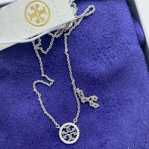 Tory Burch Silvertone Crystal Logo Necklace